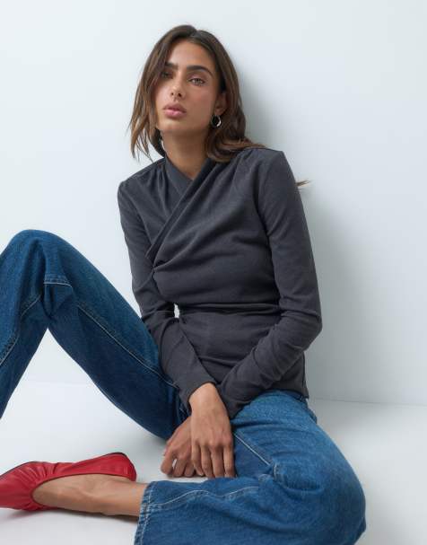 ASOS DESIGN supersoft draped high neck wrap top in charcoal - view 1