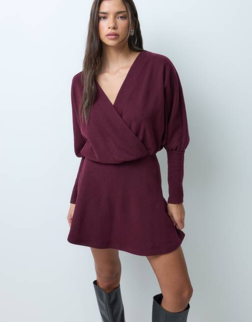 ASOS DESIGN supersoft drapey batwing circle mini dress in burgundy, 2 of 5