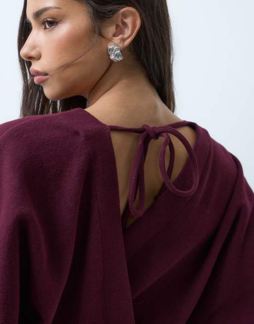 ASOS DESIGN supersoft drapey batwing circle mini dress in burgundy, 3 of 5