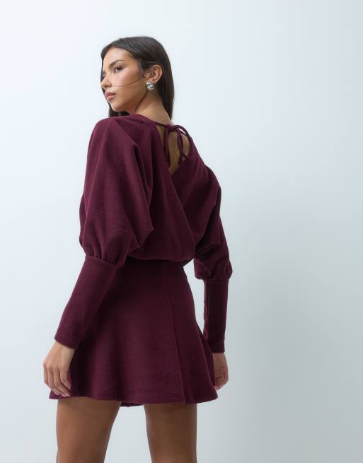 ASOS DESIGN supersoft drapey batwing circle mini dress in burgundy, 4 of 5