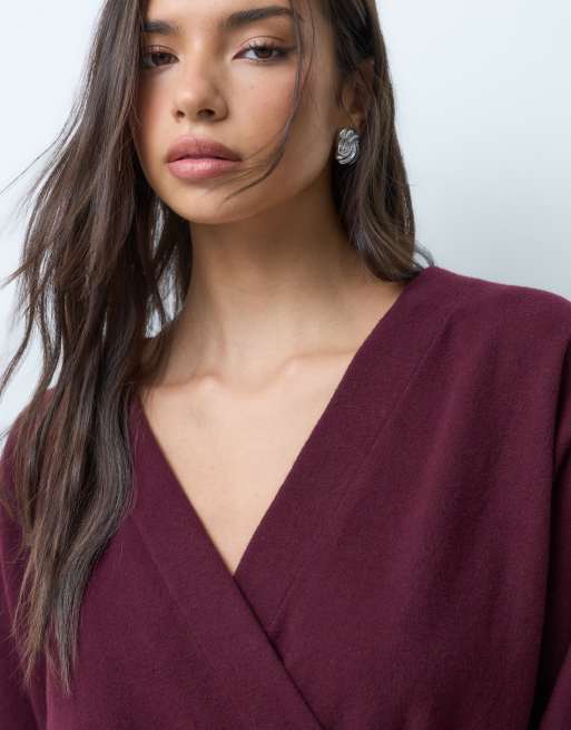 ASOS DESIGN supersoft drapey batwing circle mini dress in burgundy, 5 of 5