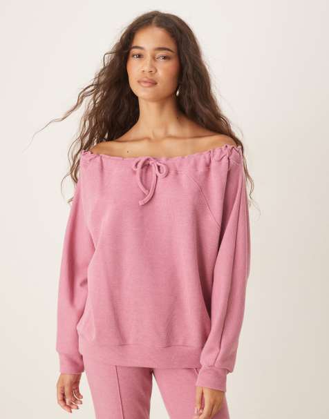 ASOS DESIGN Supersoft drawcord off shoulder sweatshirt in pink - PINK