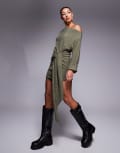 [ASOS DESIGN] ASOS DESIGN supersoft dropped shoulder tie waist mini dress in green XS GREEN