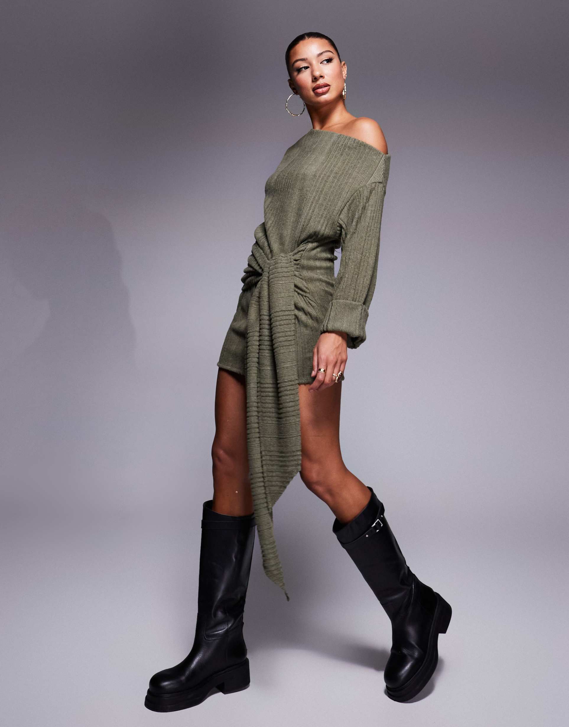 asos design supersoft dropped shoulder tie waist mini dress in green
