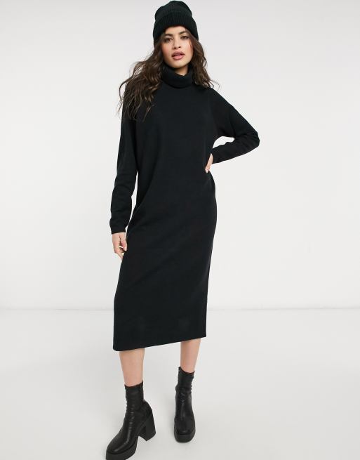 ASOS DESIGN supersoft exposed seam midi jumper dress with cowl neck in black - BLACK
