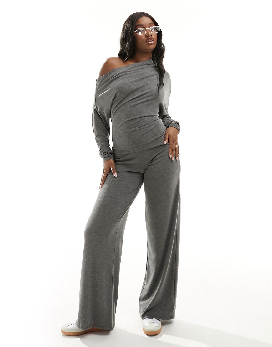 Asos Design Supersoft Fallen Shoulder Jumpsuit With Overlay And Wide Leg In Gray