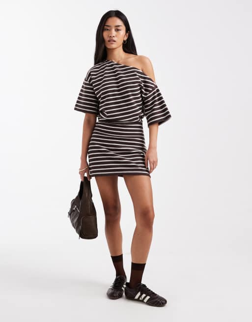 ASOS DESIGN supersoft fallen shoulder short sleeve mini dress with ruching in brown stripe, 2 of 4