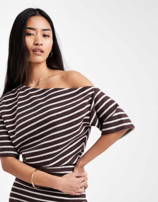 ASOS DESIGN supersoft fallen shoulder short sleeve mini dress with ruching in brown stripe, 4 of 4