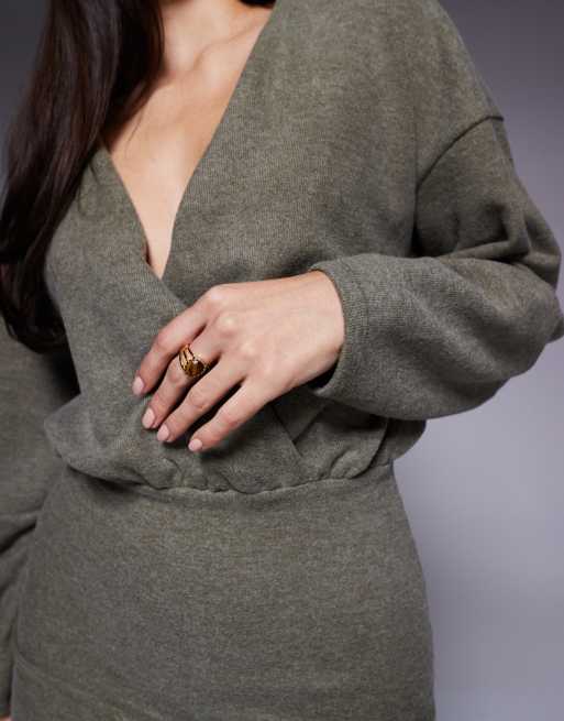 ASOS DESIGN supersoft fixed wrap cocoon sleeve mini dress in khaki