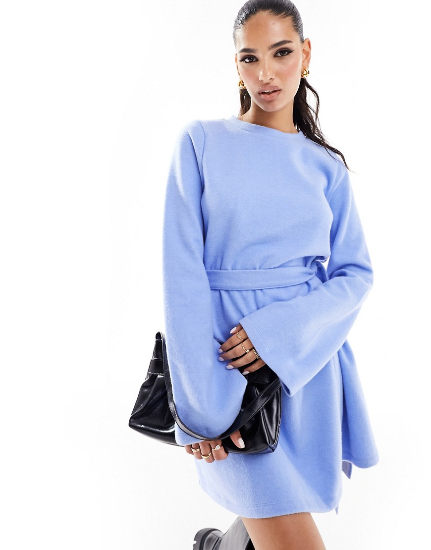 ASOS DESIGN supersoft flare sleeve jumper swing mini dress with belt in baby blue
