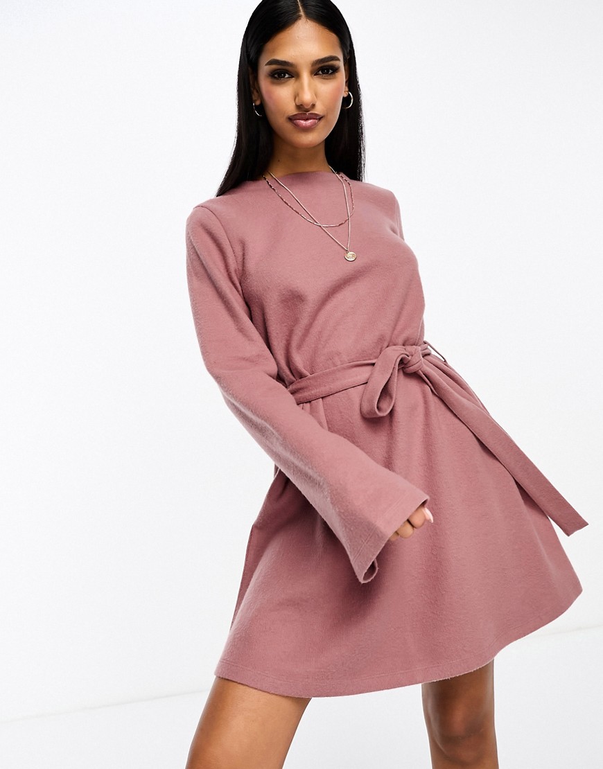 ASOS DESIGN supersoft flare sleeve jumper swing mini dress with belt in dusty pink