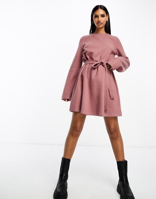 ASOS DESIGN supersoft flare sleeve jumper swing mini dress with belt in dusty  pink | ASOS