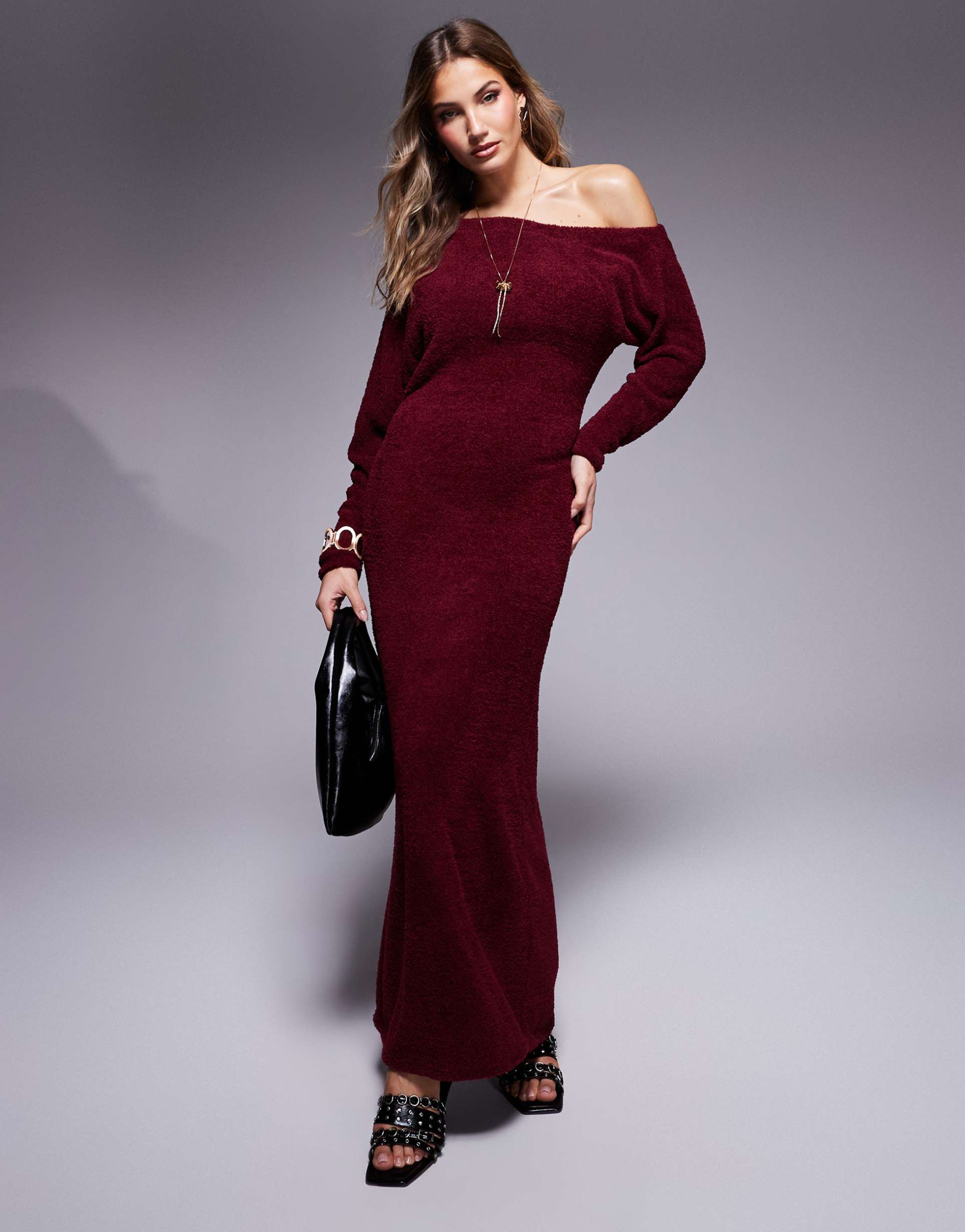 asos design supersoft fluffy fallen shoulder midaxi dress in burgundy