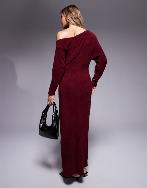 ASOS DESIGN Supersoft fluffy fallen shoulder midaxi dress in burgundy