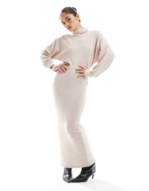 ASOS DESIGN supersoft fluffy funnel neck kimono sleeve midi dress in grey, 3 of 4