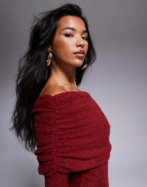 ASOS DESIGN supersoft fluffy long sleeve bardot midi dress in burgundy