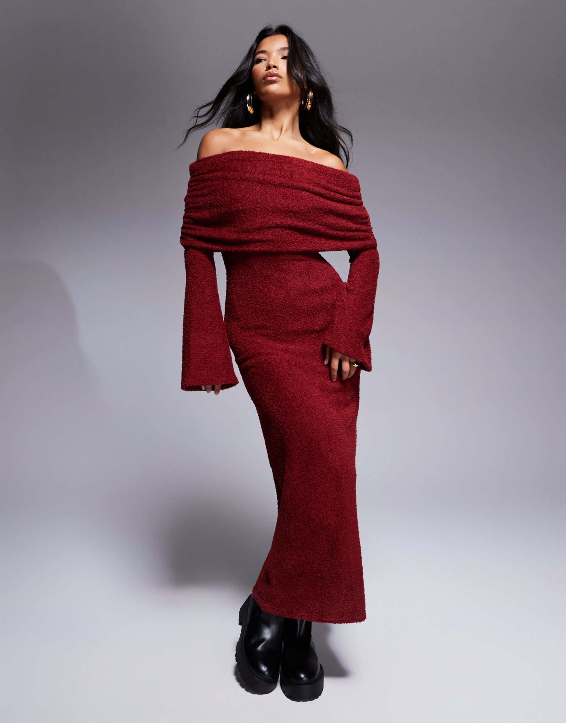 asos design supersoft fluffy long sleeve bardot midi dress in burgundy
