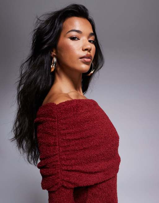ASOS DESIGN supersoft fluffy long sleeve bardot midi dress in burgundy, 2 of 4