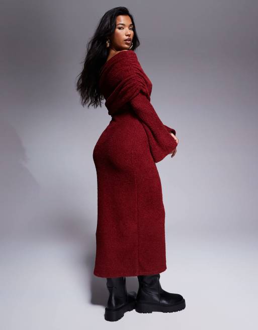 ASOS DESIGN supersoft fluffy long sleeve bardot midi dress in burgundy, 3 of 4