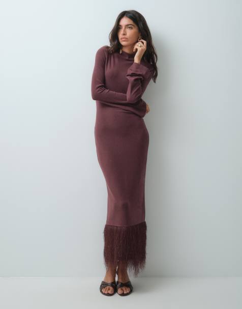 ASOS DESIGN supersoft fluffy midi dress in burgundy - view 1