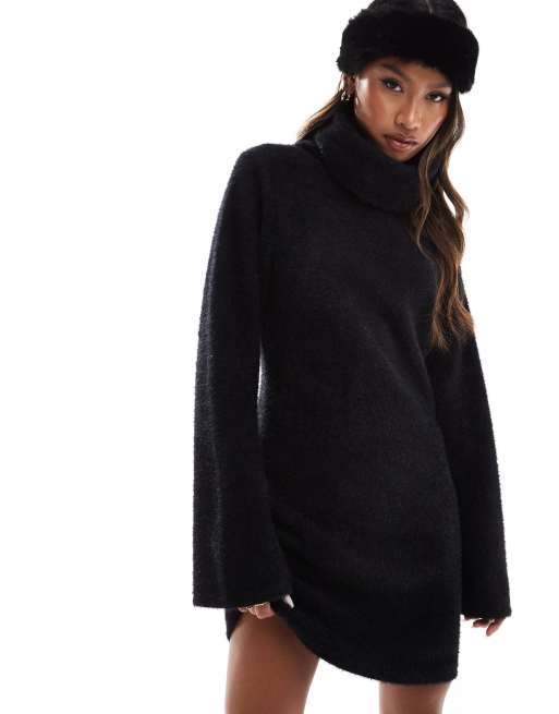 ASOS DESIGN supersoft fluffy roll neck mini jumper dress in black ASOS