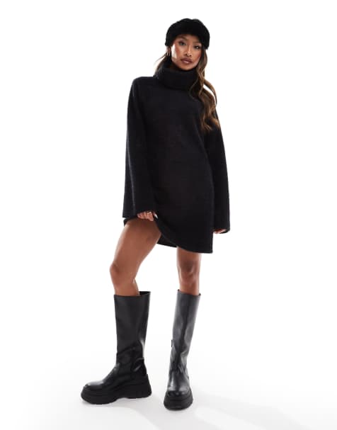 ASOS DESIGN supersoft fluffy roll neck mini jumper dress in black - view 2