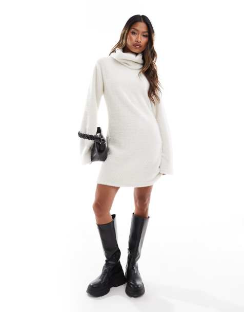 ASOS DESIGN supersoft fluffy roll neck mini sweater dress in cream - view 1