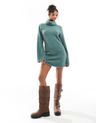 supersoft fluffy roll neck mini sweater dress in green