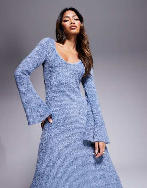 ASOS DESIGN supersoft fluffy scoop angel sleeve midi dress in blue | ASOS