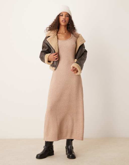 ASOS DESIGN supersoft fluffy scoop neck fit and flare midi dress in oatmeal