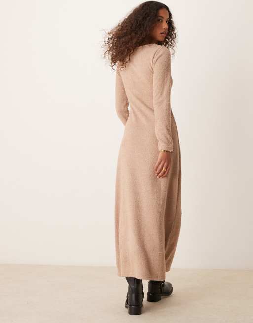 ASOS DESIGN supersoft fluffy scoop neck fit and flare midi dress in oatmeal