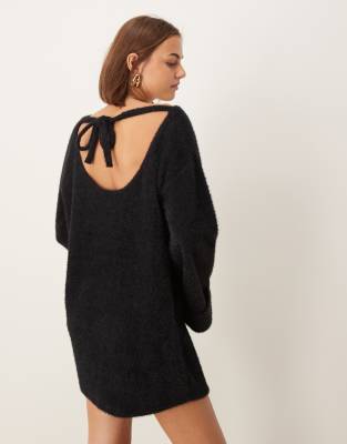 supersoft fluffy slouchy mini sweater dress in black