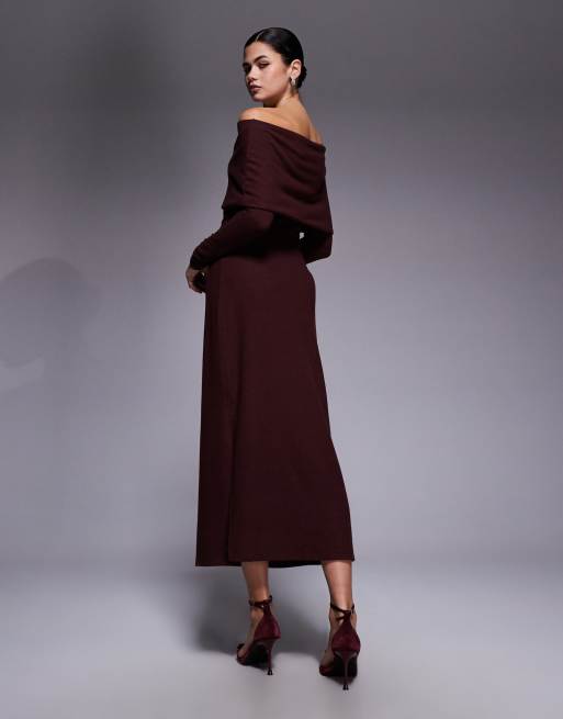 ASOS DESIGN supersoft fold over bardot maxi dress in chocolate, 3 of 4
