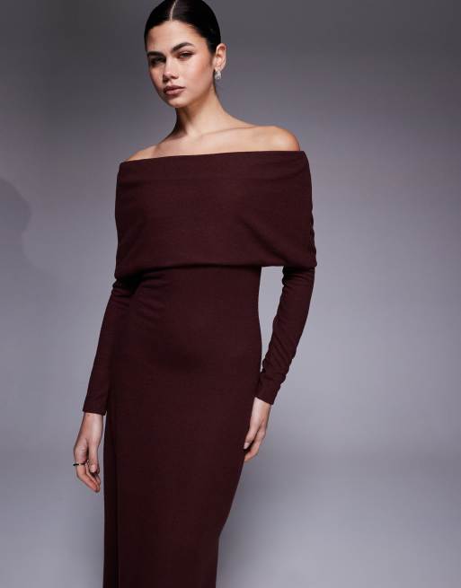 ASOS DESIGN supersoft fold over bardot maxi dress in chocolate, 4 of 4