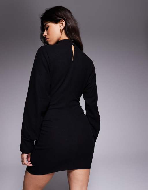 ASOS DESIGN supersoft funnel neck batwing with ruched side mini dress in black, 4 of 4