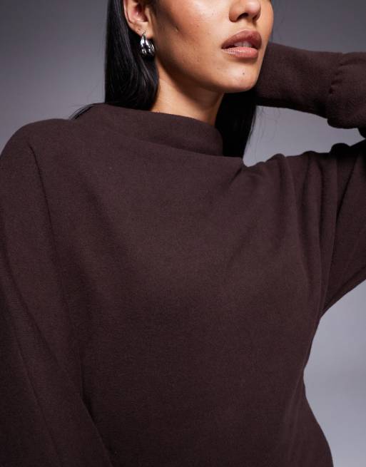 ASOS DESIGN supersoft funnel neck batwing with ruched side mini dress in brown, 3 of 4