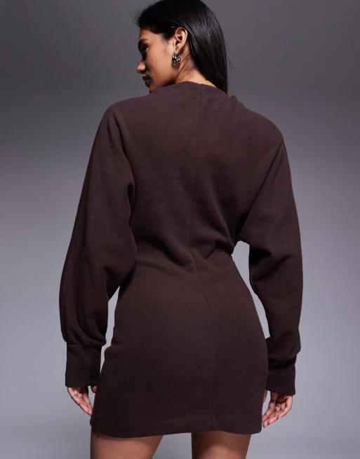 ASOS DESIGN supersoft funnel neck batwing with ruched side mini dress in brown, 4 of 4
