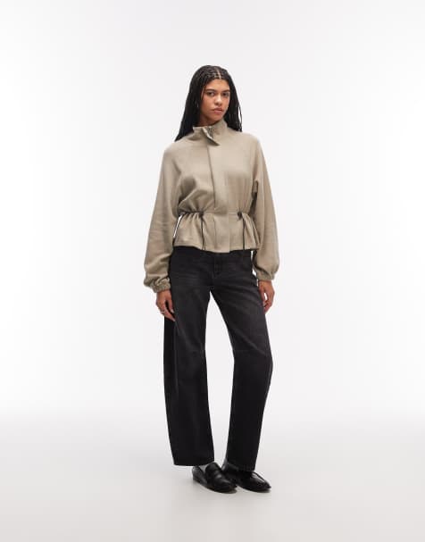 ASOS DESIGN supersoft funnel neck cinched waist zip up top in taupe - view 1