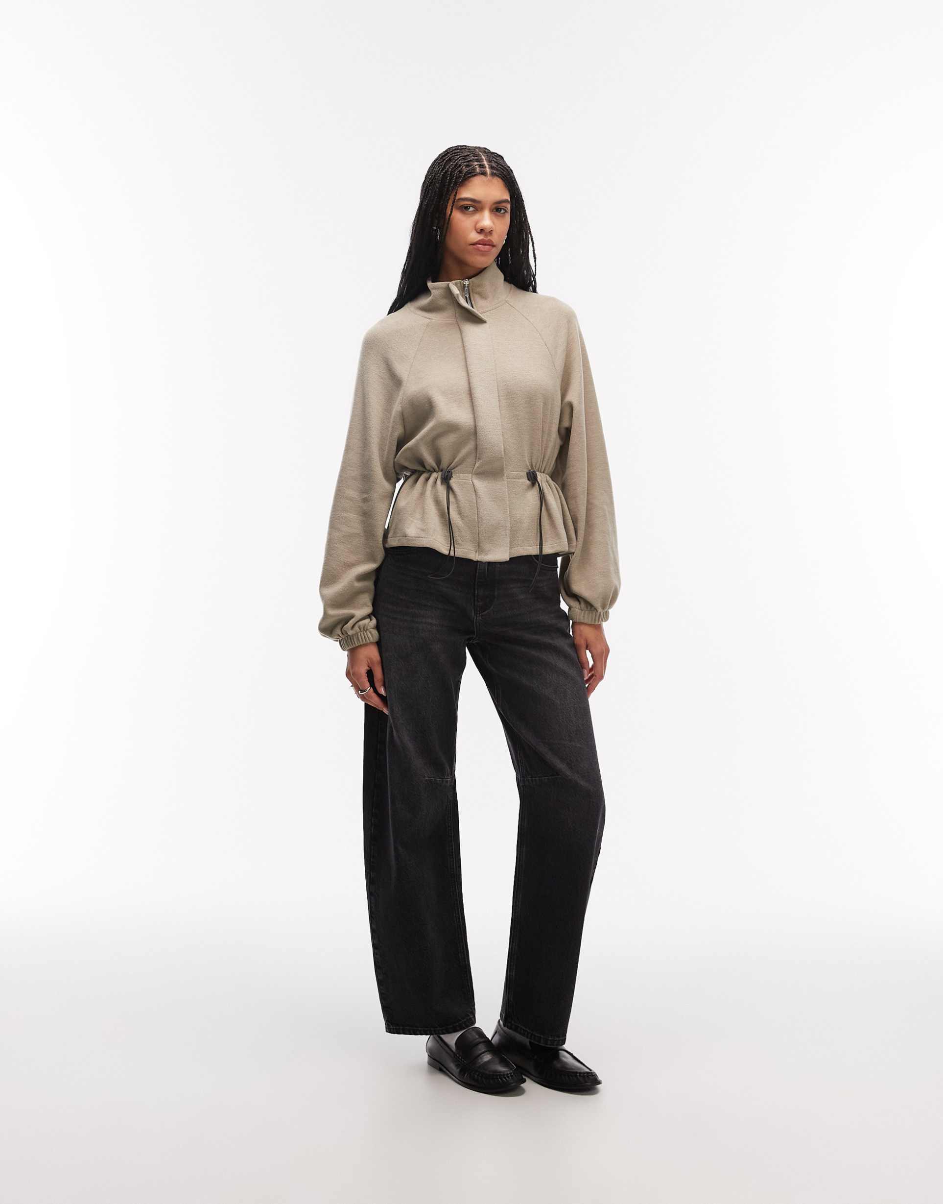 asos design supersoft funnel neck cinched waist zip up top in taupe