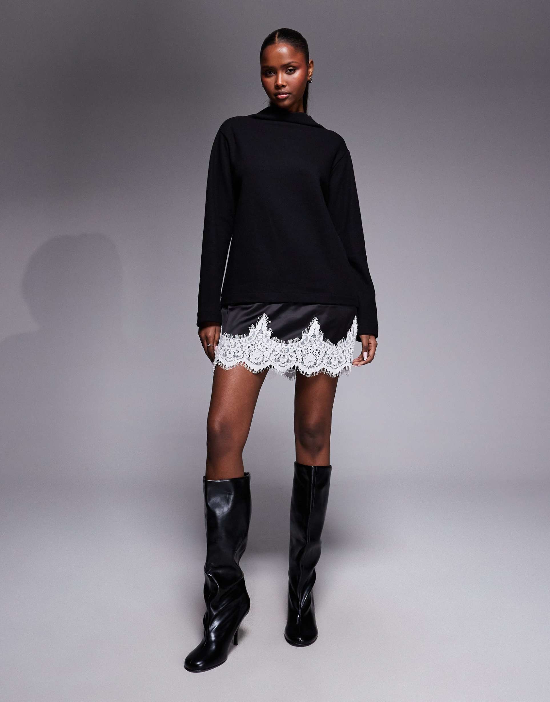 asos design supersoft funnel neck mini dress with contrast lace hem in black