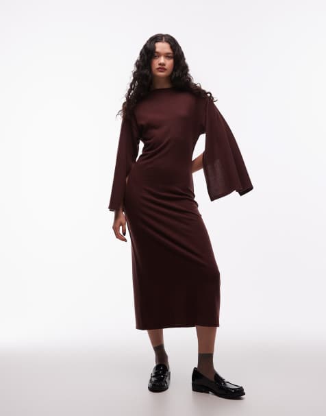ASOS DESIGN supersoft funnel neck wide sleeves midi dress in chocolate - view 1