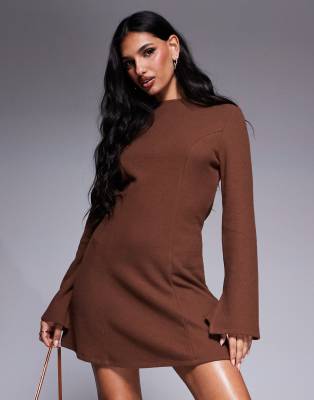 supersoft grown on neck fit and flare mini dress in chocolate-Brown