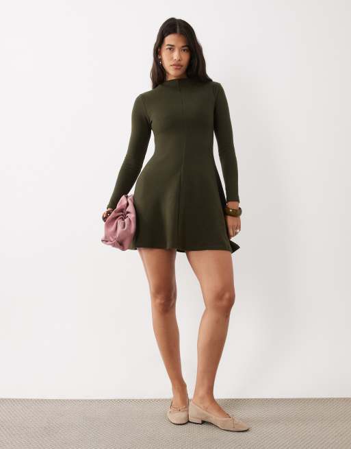 ASOS DESIGN supersoft grown on neck long sleeve dress in olive, 2 of 4
