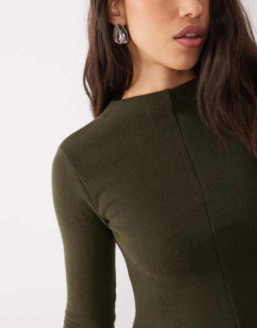 ASOS DESIGN supersoft grown on neck long sleeve dress in olive, 3 of 4