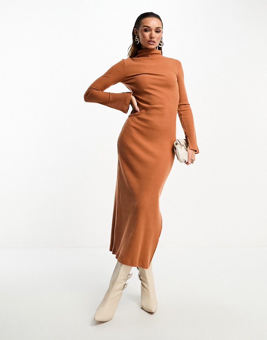 ASOS DESIGN supersoft grown on neck long sleeve midi dress in rust-Brown