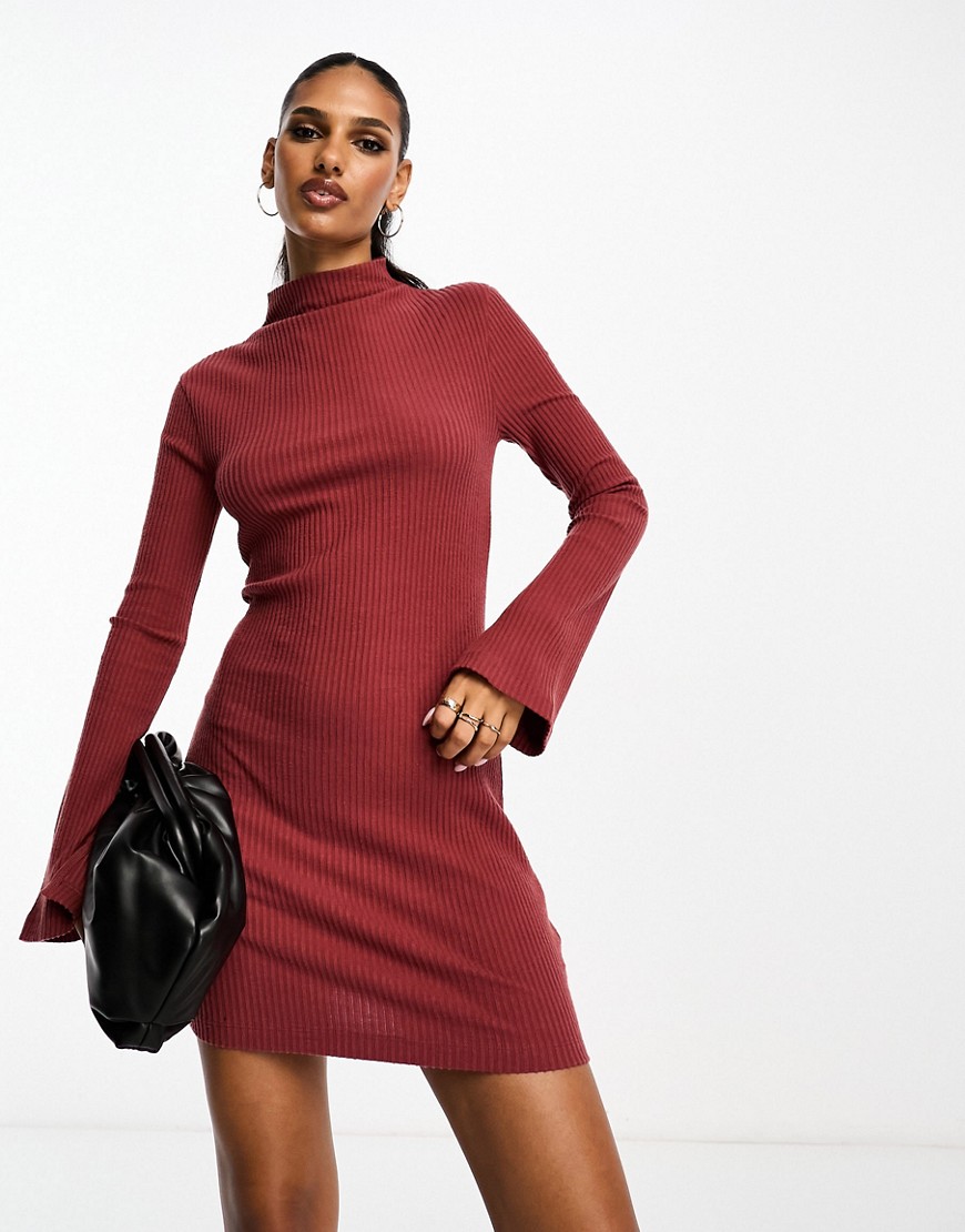 ASOS DESIGN supersoft grown on neck long sleeve mini dress in burnt red - BROWN