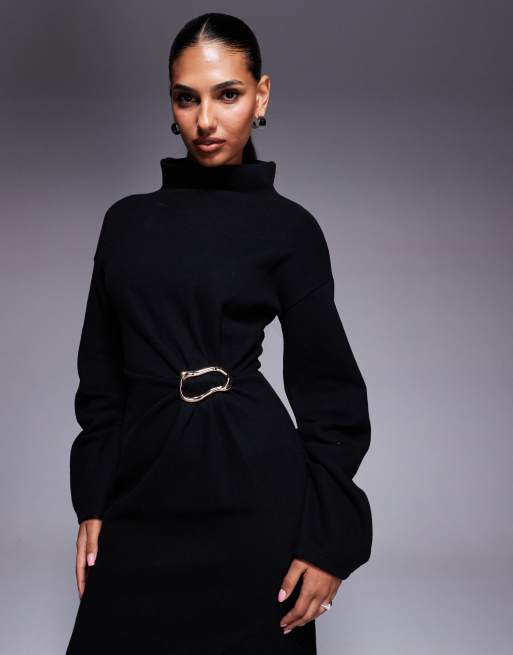 ASOS DESIGN supersoft grown-on neck maxi dress with hardware detail in black, 2 of 4