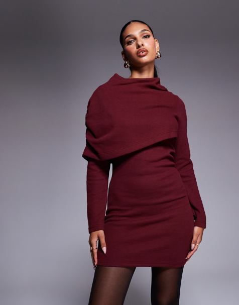 ASOS DESIGN supersoft grown on ruched cape mini dress in burgundy