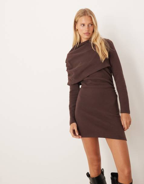 ASOS DESIGN supersoft grown on ruched cape mini dress in chocolate brown - view 1