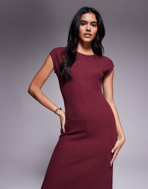 ASOS DESIGN supersoft grown on sleeve seam detail midi dress in burgundy - view 1
